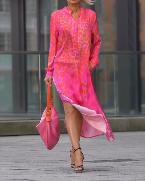 Kjole Langermet Leopardskrift Splitt