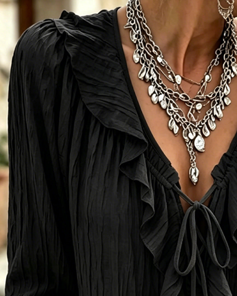 Bluse Ruffle Trim Knyting Lang Erme