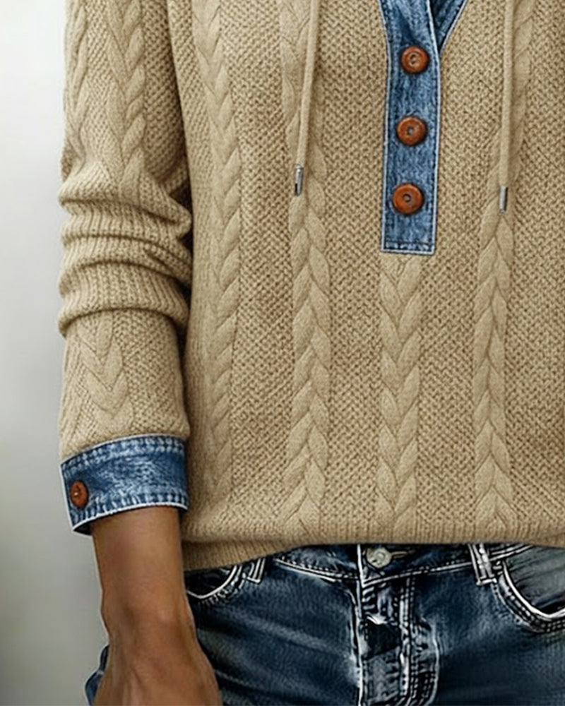 Fargeblokkert Langermet Hettegenser Med Knapper