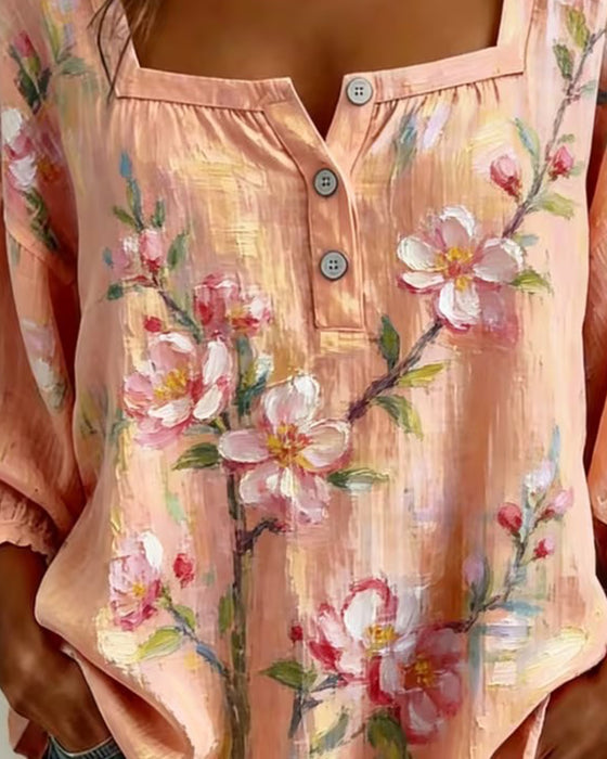 Bluse Blomstret Trykk Firkantet Hals