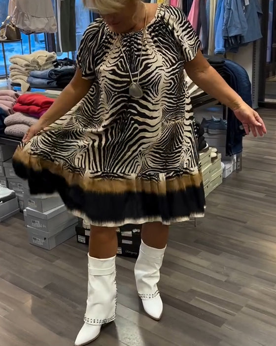 Kjole Løs Rund Hals Kort Erme Trykt