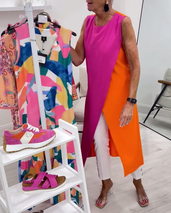 Bluse Uten Ermer Kontrastfarge Splitt Lang