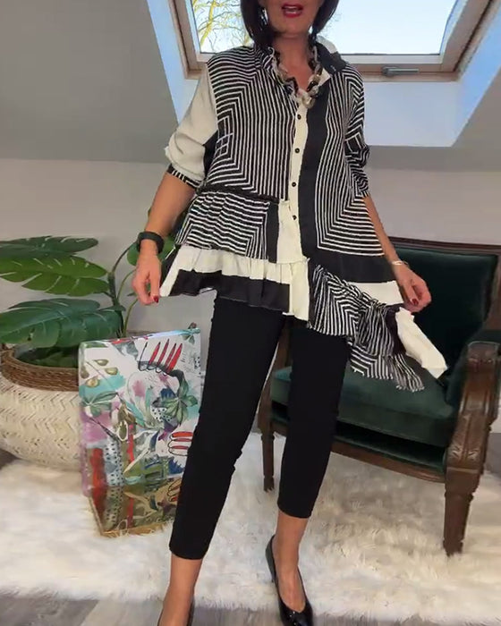 Uregelmessig patchworkskjorte med motetrykt knapp