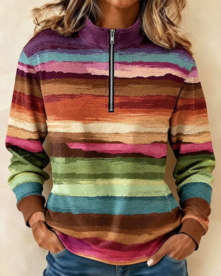 Sweatshirt Vintage Fargerik Stripet Halv Glidelås Stående Krage Lang Erme