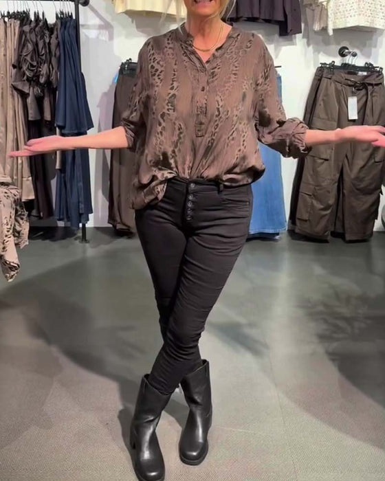 Bluse V-Hals Knapp Foran Leopard Trykk Avslappet