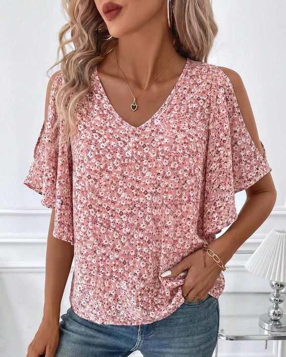 Bluse V-Hals Blomstrende Off-Shoulder Flutter Erme