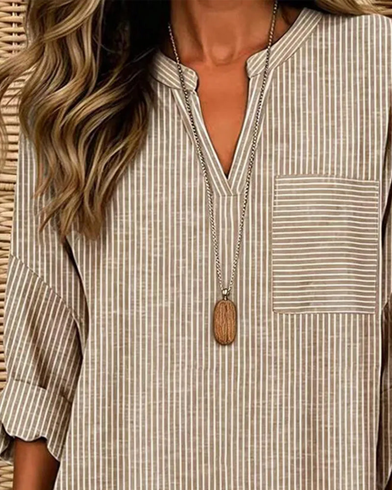 Topp V-Hals Stripe Uregelmessig Lang Erme