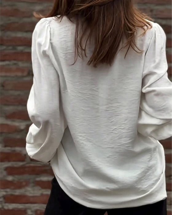 Bluse V-Hals Knapp Foran Ruffle Puffererme