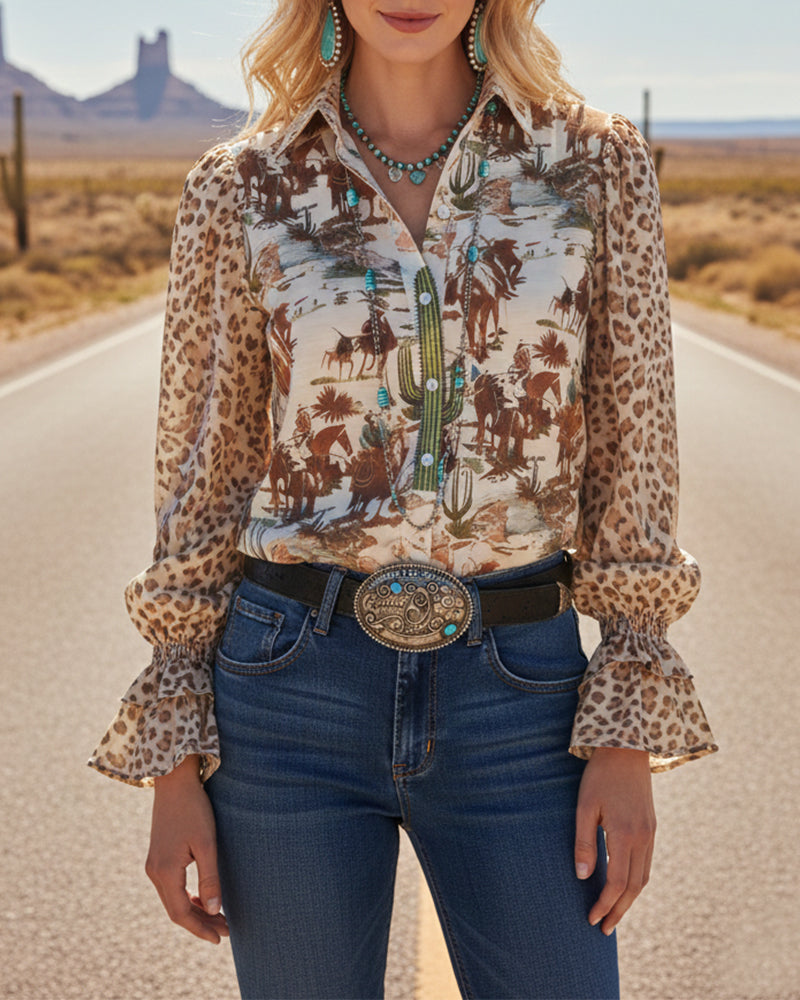 Skjorte Krage Vintage Trykk Puf Erm