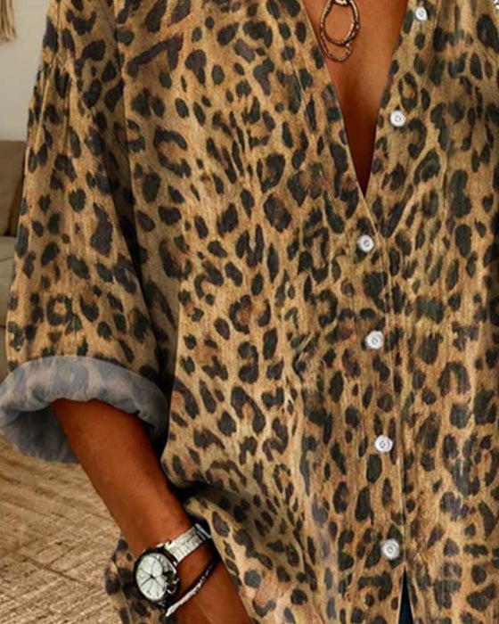 Skjorte V-Hals Knapp Leopard Lang Erme