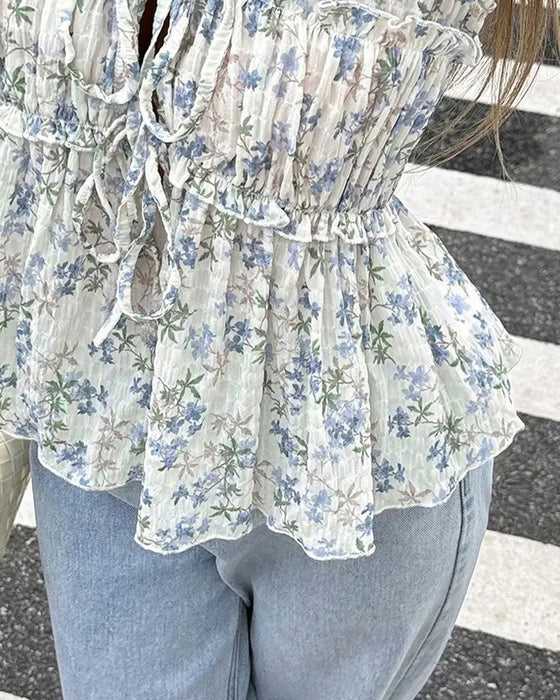 Bluse Blomstret Flutter Erme V-Hals Knyting