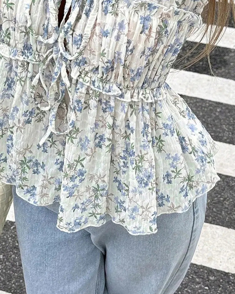 Bluse Blomstret Flutter Erme V-Hals Knyting
