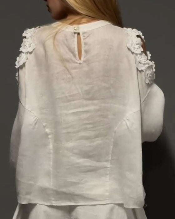 Bluser Rundhals Utskjæring Off-Shoulder 3D Blomstret