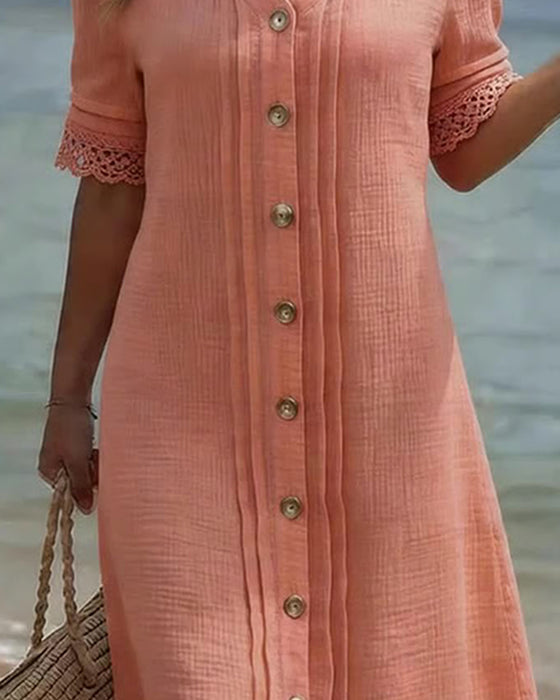 Kjole Plissert V-Hals Knapp Blonder Patchwork