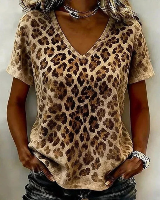 T-Skjorte V-Hals Leopard Trykk Gradient Kortermet