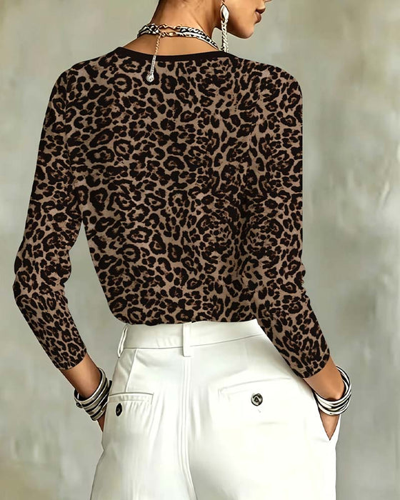 Topp Leopard Lang Erme Rundhalset