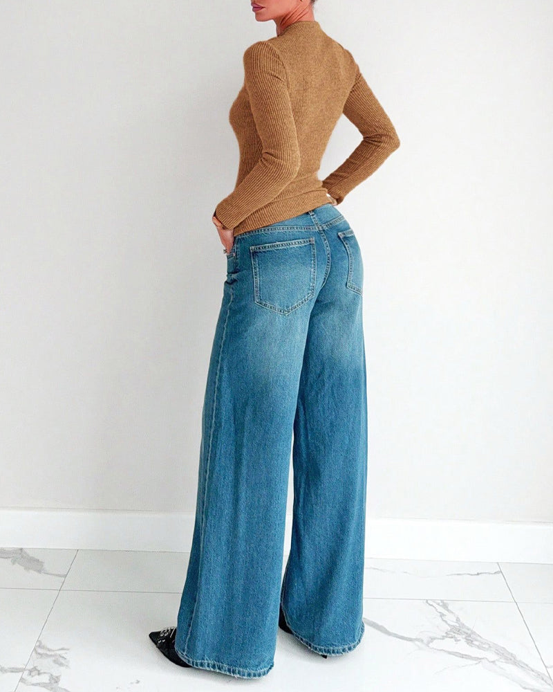 T-Skjorte Dame Lang Erm Ribbet Strikket Sving Front