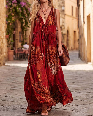 Kjole V-Hals Leopard Bohemisk Spagettistrap Maxi
