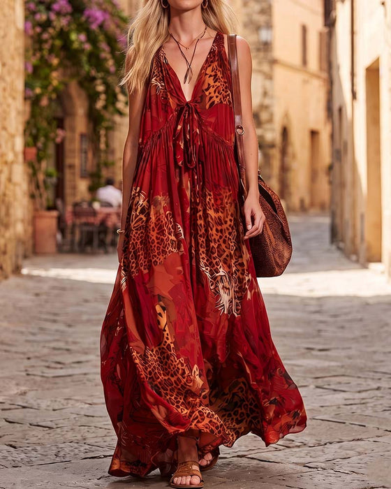Kjole V-Hals Leopard Bohemisk Spagettistrap Maxi