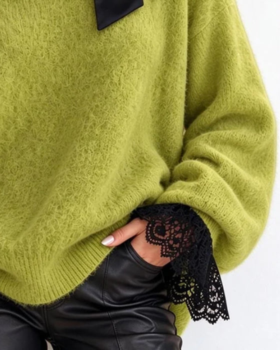 Genser Turtleneck Sløyfe Off-Shoulder Blonder Lappverk