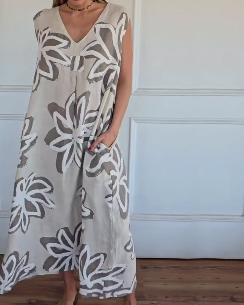 Kjole V-Hals Abstrakt Blomstret Ermeløs