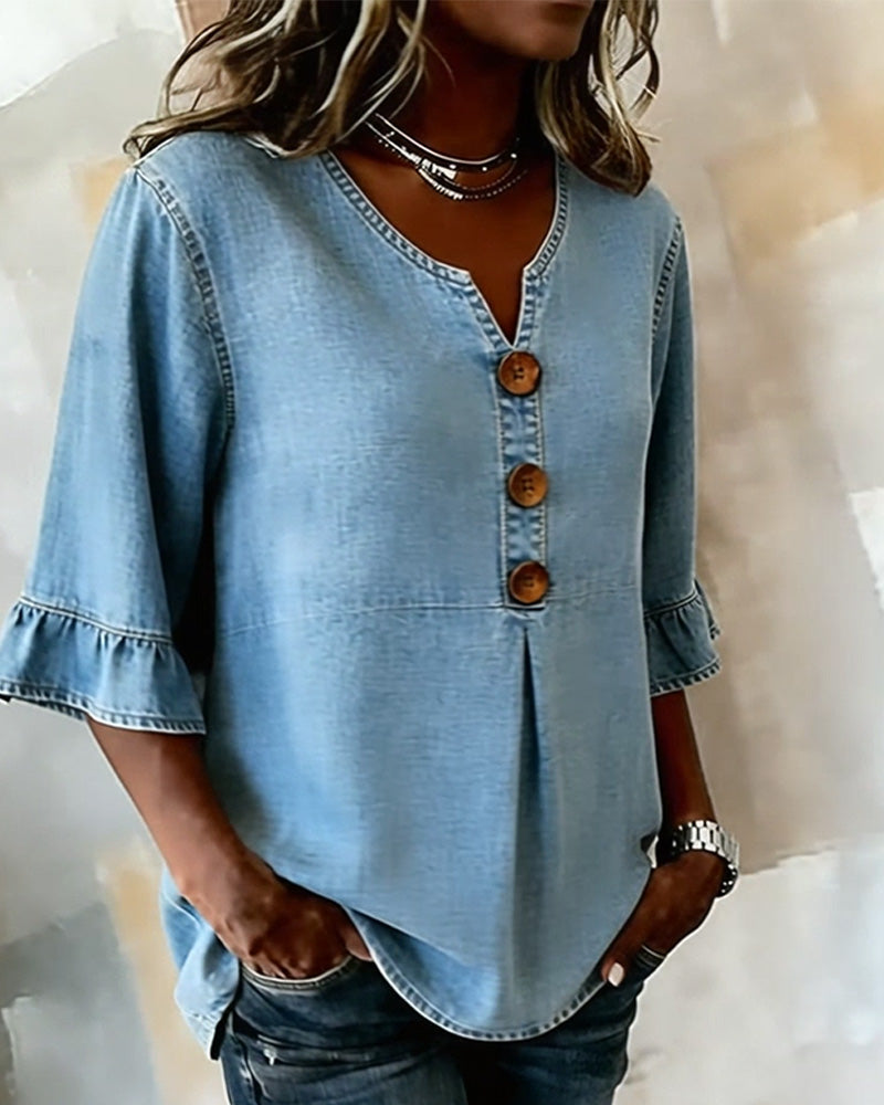 Bluse V-utringning Utsvinget Erm Denim