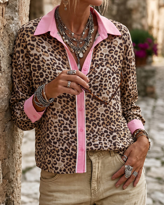 Bluse Fargeblokk Leopard Langermet