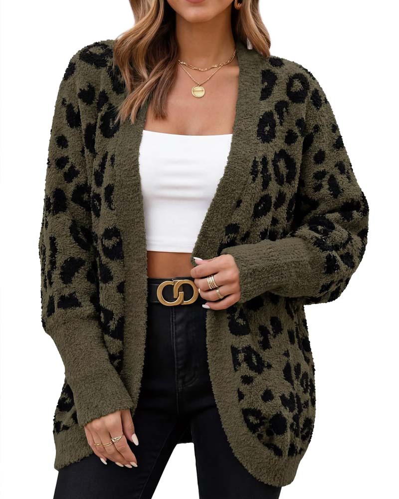 Cardigan Løs Leopardmønster Langermet