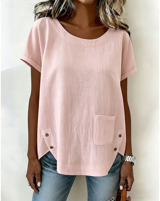 T-Skjorte Bomull Lin Knapp Detalj Kort Erme