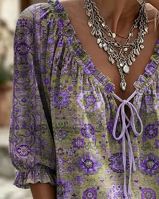 Bluse V-Hals Knyting Vintage Trykk