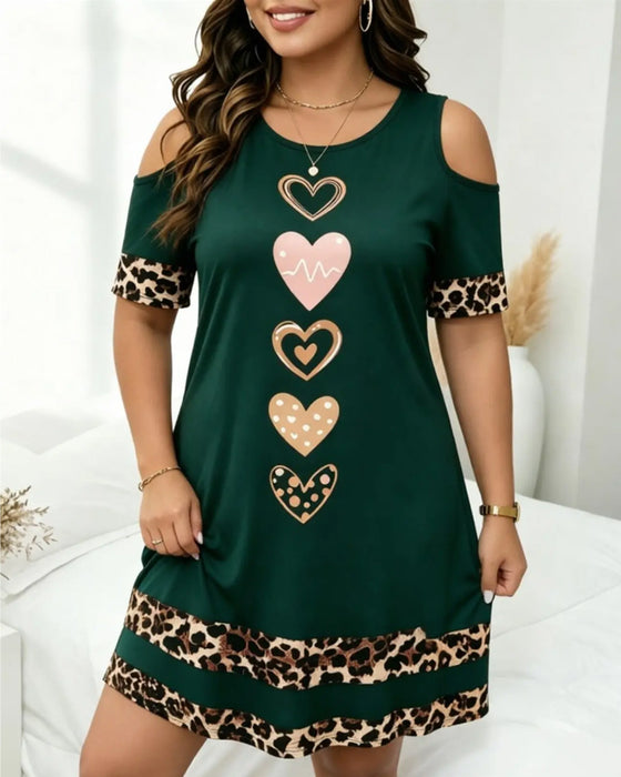 Kjole Rund Hals Off-Shoulder Leopard Hjerte