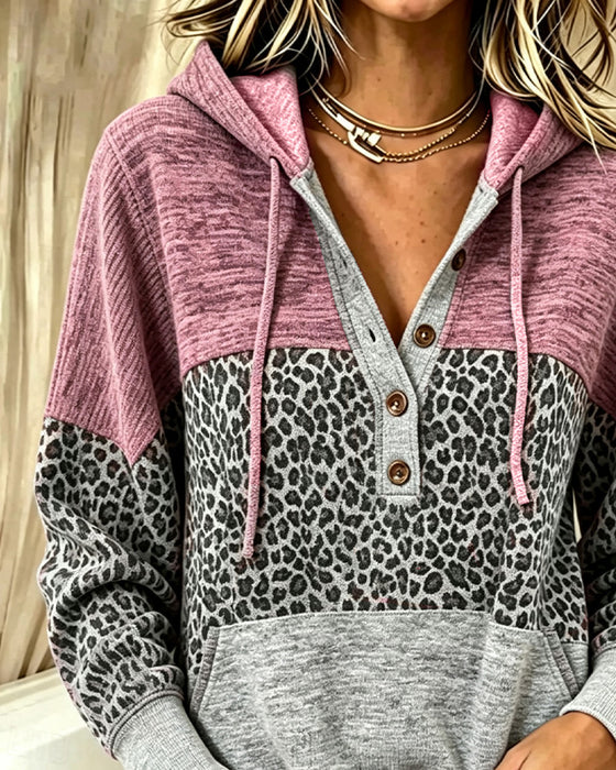 Hoodie Leopard Fargeblokk Dragsnor