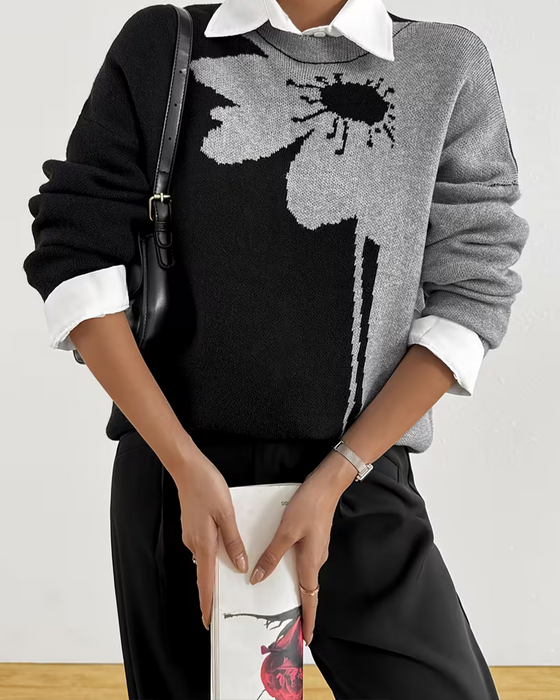 Pullover Fargeblokk Stor Blomstret Jacquard Rund Hals