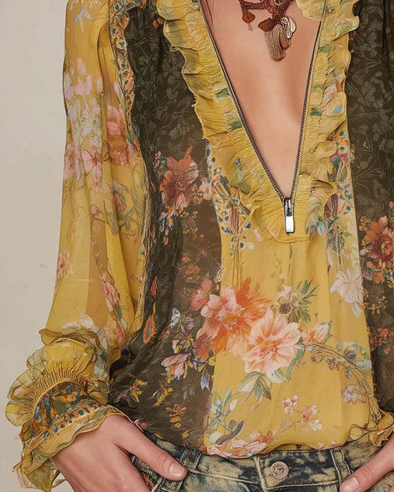 Halvglidelås Blomstertrykk Bluse