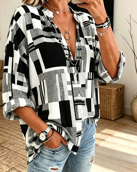 Bluse Geometrisk Trykk V-Hals Avslappet