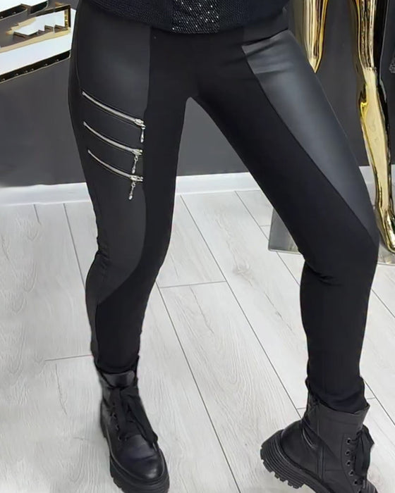 Leggings PU Lappverk Glidelås Utsmykket
