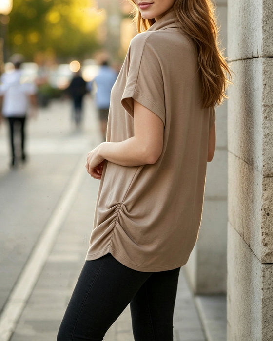 Bluse Mock Hals Kort Erme Side Rynket