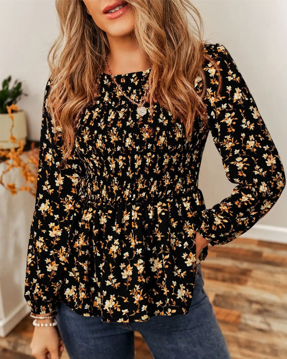 Bluse Blomstret Rynket Lang Erme