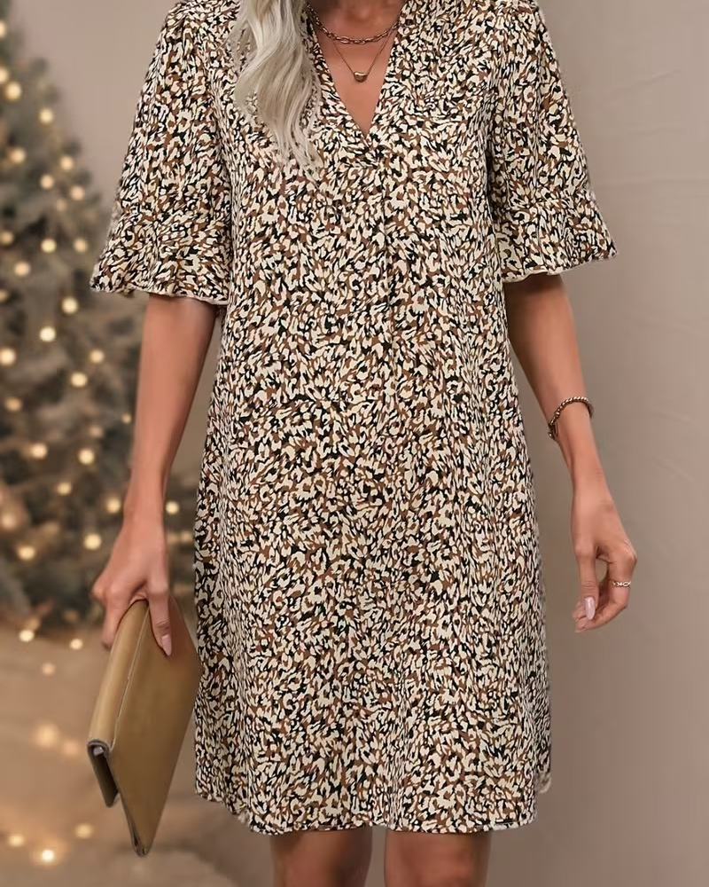 Kjole Leopard Trykk Blomst V-hals Rynkete Erm