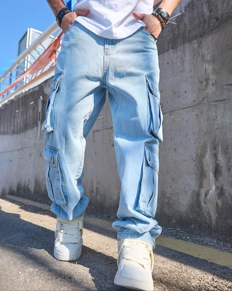 Jeans Herre Løs Solid Klaff Lomme Cargo Denim