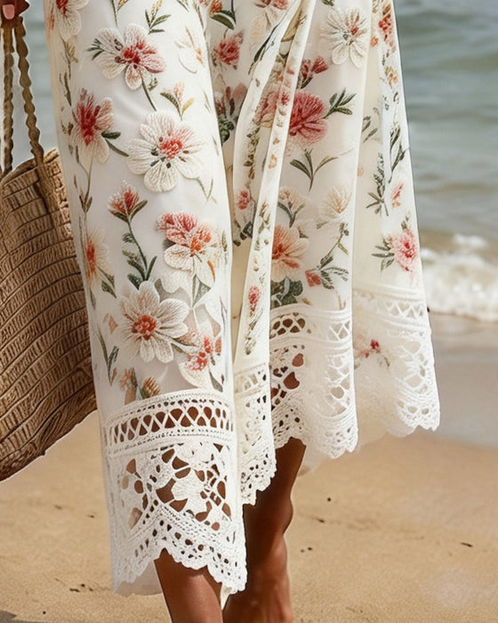 Kjole Hollow Out Patchwork V-Hals Blomstret