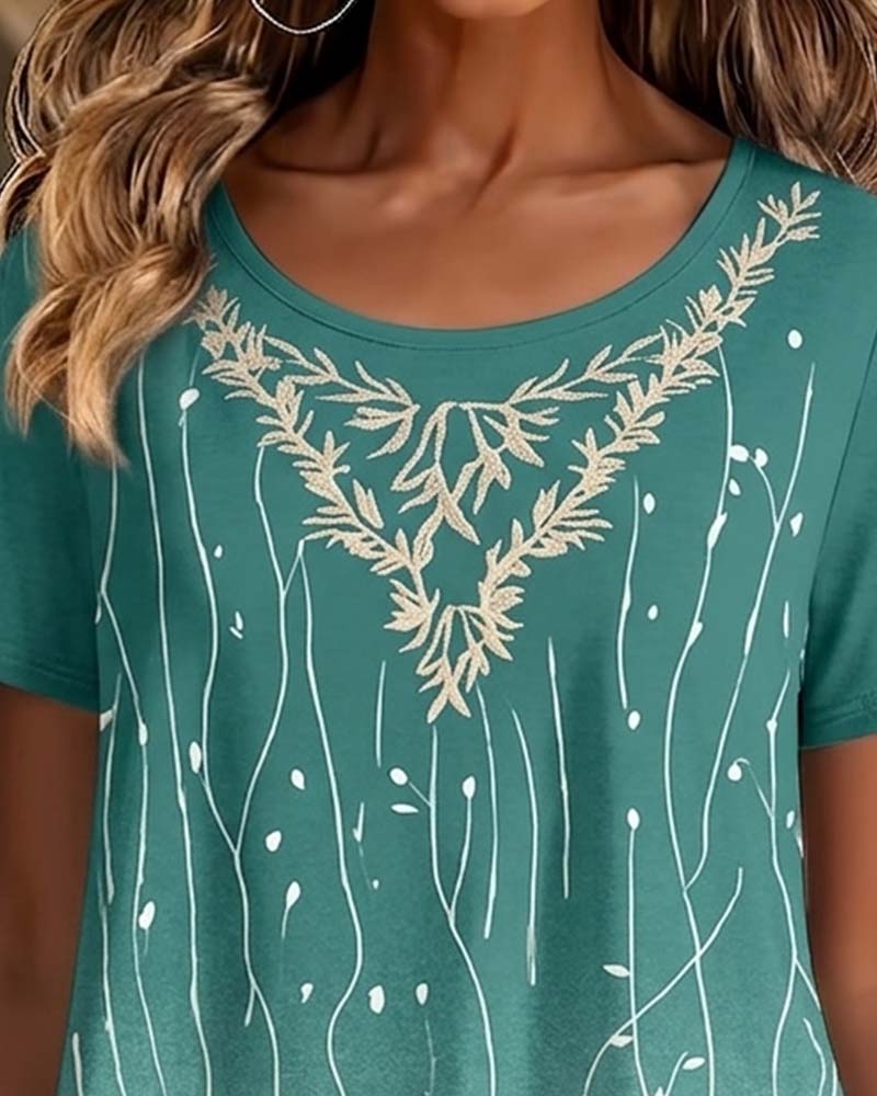 T-Skjorte Gradient Blomstret Asymmetrisk Kortsermet