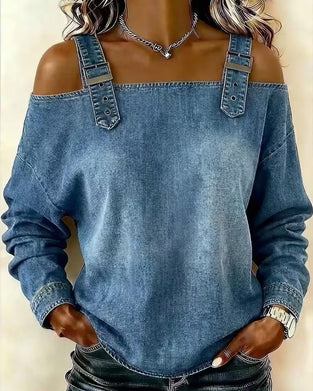 Bluse Spagettistrap Off-Shoulder Denim Metall Knapp