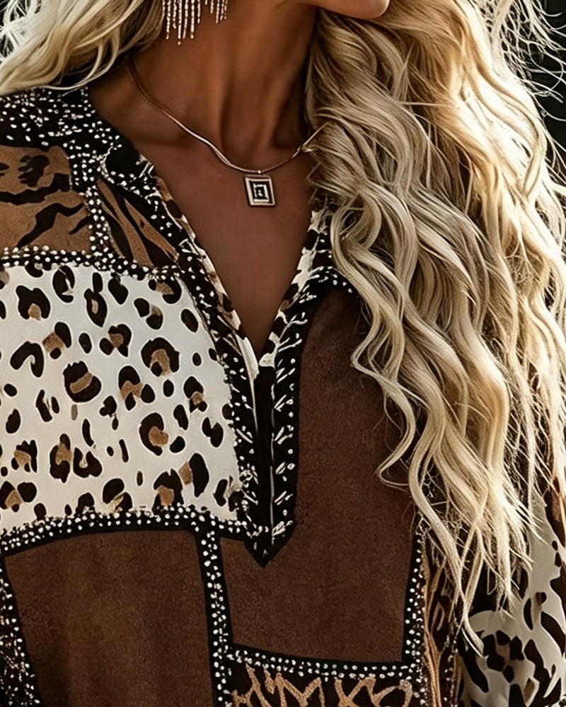 Bluse Leopard Fargeblokk