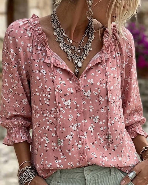 Bluse V-Hals Blomstret Stropper Ruffle Erme