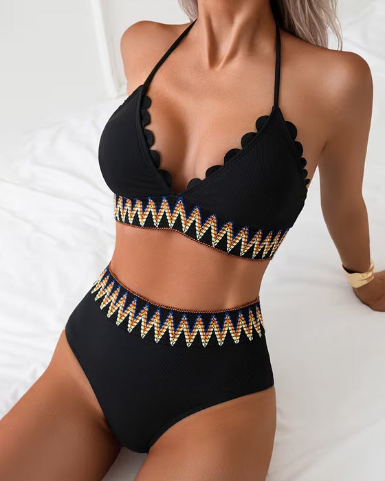 Bikini Enkel Mote Halsbånd V-utringning Bølgetrykk