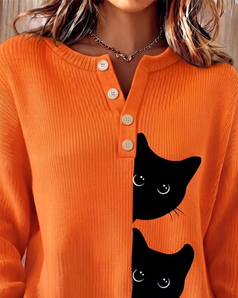 Pullover Knapp Foran Stripe Katt Kontrast Strikket