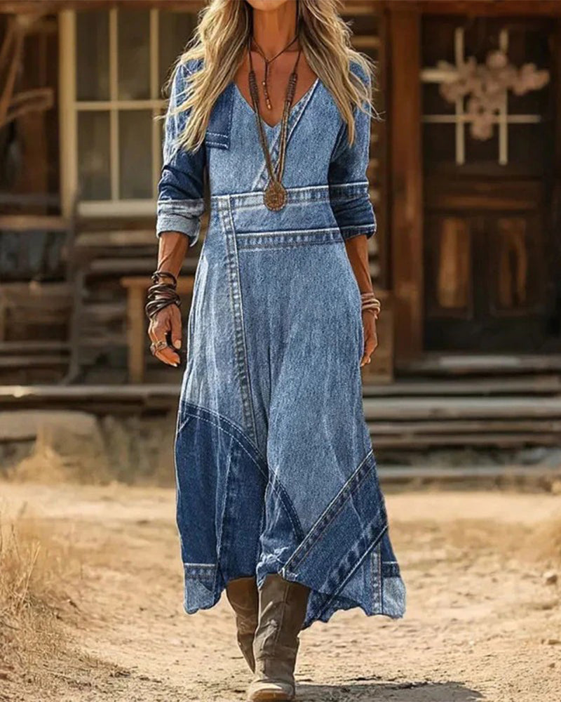 Kjole retro med v-hals og lange ermer, trykk