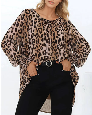 Bluse Rund Hals Leopard Uregelmessig Lanterne Erme