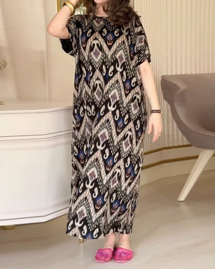 Kjole Rund Hals Trykt Løs Lang